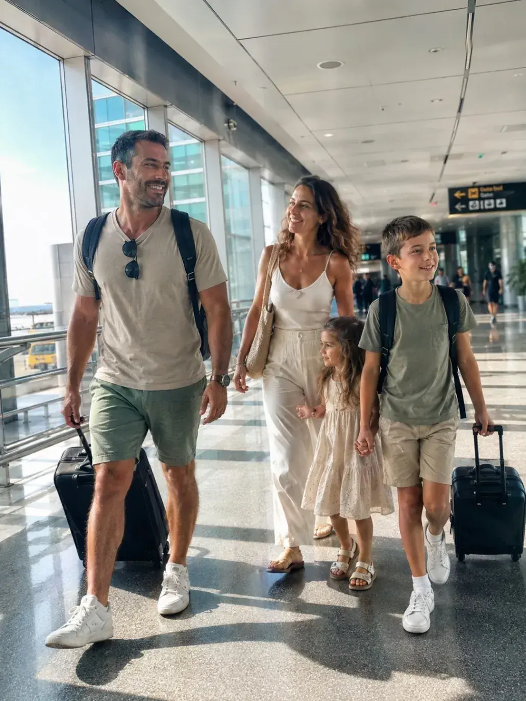 Photo d'une famille qui marche dans un aéroport avec ses valises