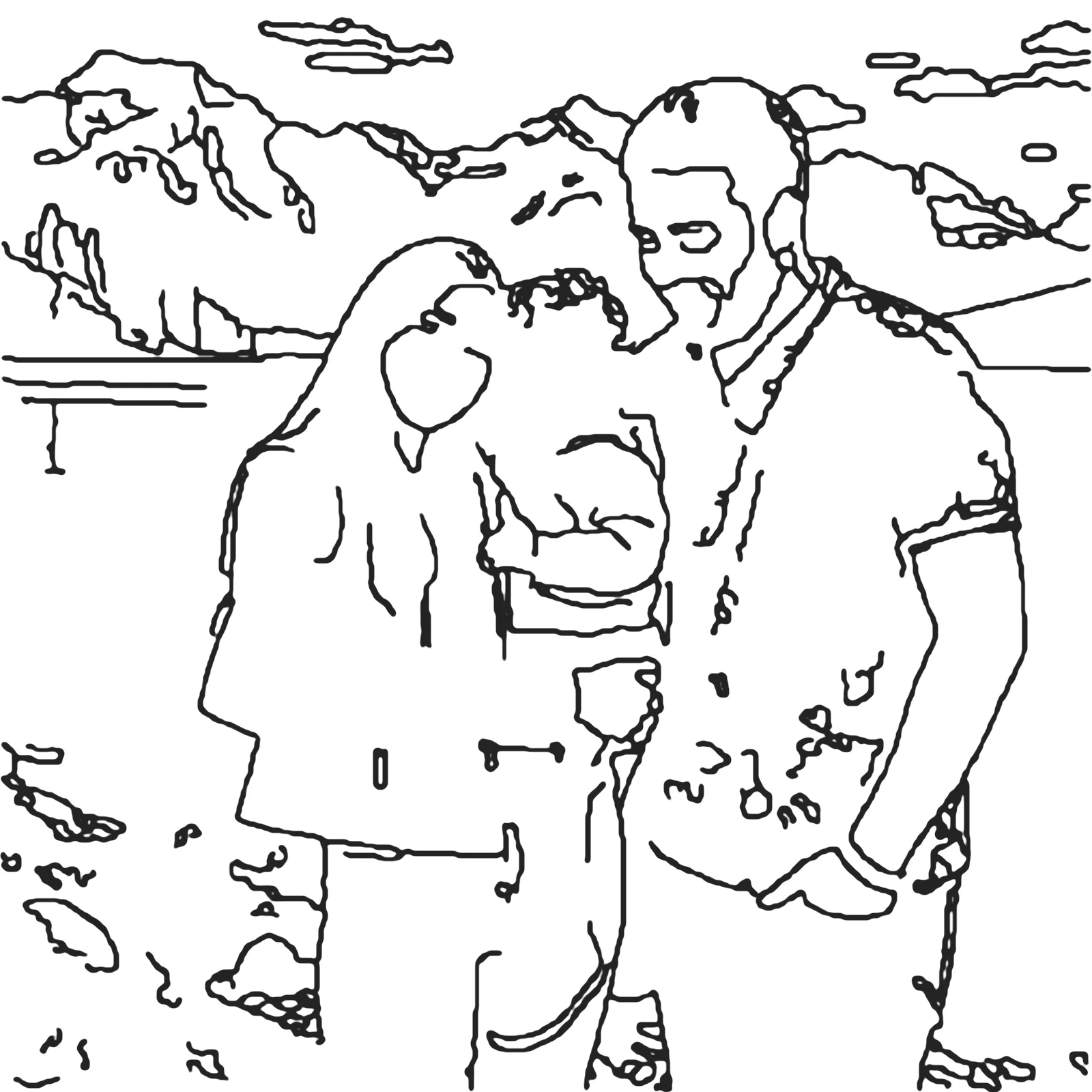 Exemple de coloriage tiré d'une photo de famille au bord d'un lac de montagne